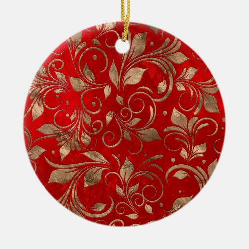 Golden Swirl Branches on red Ceramic Ornament