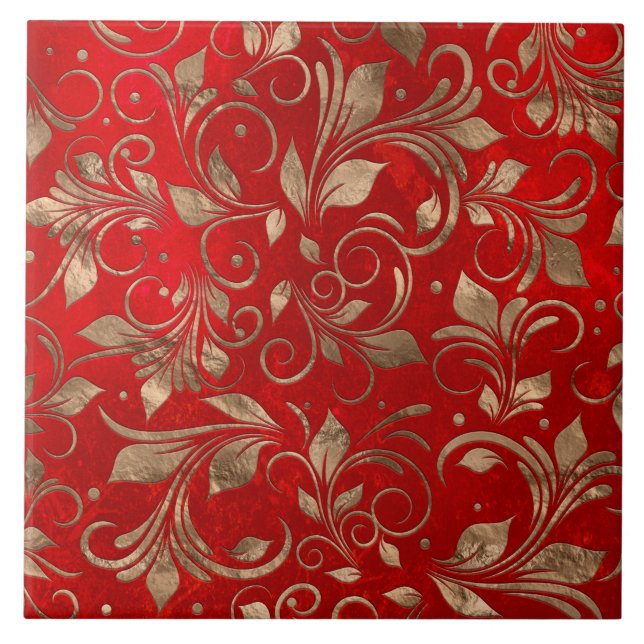 Golden Swirl Branches on red Ceramic Tile (Front)