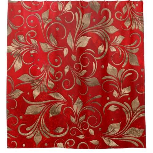 Golden Swirl Branches on red Shower Curtain