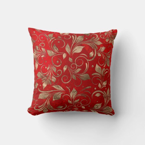 Golden Swirl Branches on red Throw Pillow