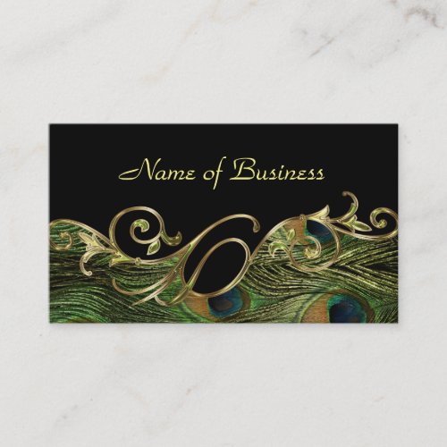 Golden Swirl Peacock Feathers Black Double_Sided Business Card
