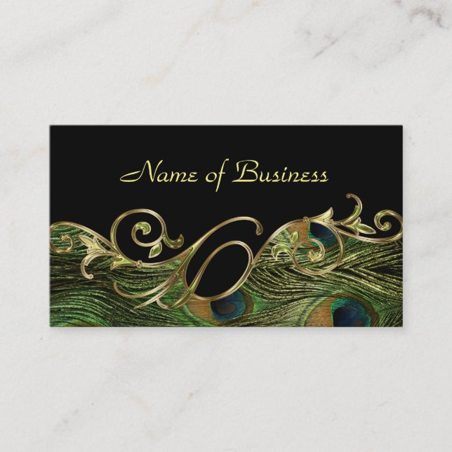 Golden Swirl Peacock Feathers Black Double-Sided Business Card (Front)