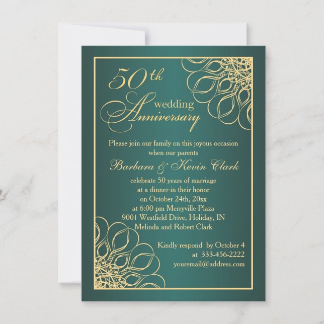 Golden swirls 50th Wedding Anniversary photo Invitation (Front)