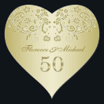 Golden swirls 50th Wedding Anniversary Sticker<br><div class="desc">Floral swirls and leaves on a golden gradient background 50th Wedding Anniversary Heart shape Sticker</div>