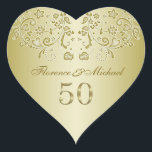 Golden swirls 50th Wedding Anniversary Sticker<br><div class="desc">Floral swirls and leaves on a golden gradient background 50th Wedding Anniversary Heart shape Sticker</div>