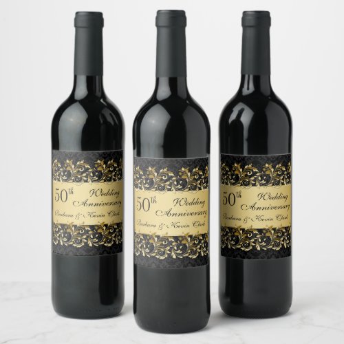 Golden swirls 50th Wedding Anniversary Wine Label