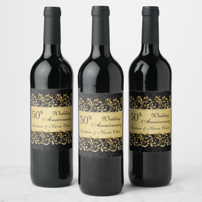 Golden swirls 50th Wedding Anniversary Wine Label (Bottles)