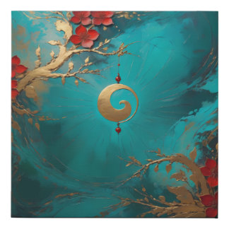Golden Swirls and Red Blossoms Zen Faux Canvas Print