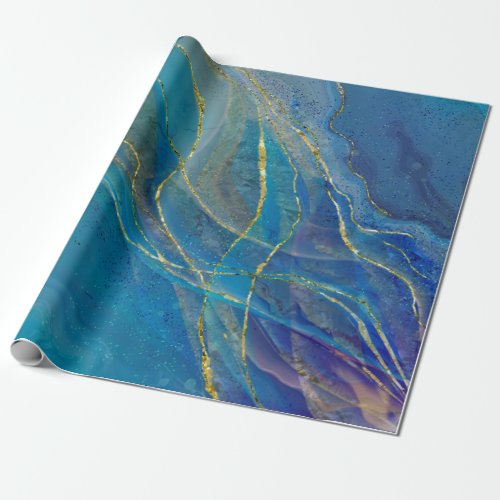 Golden swirls blue background wrapping paper