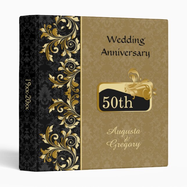 Golden swirls, damask 50th Wedding Anniversary Binder (Front/Spine)