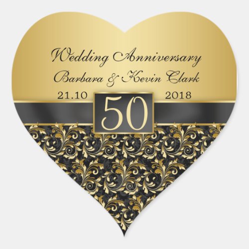 Golden swirls damask 50th Wedding Anniversary Heart Sticker