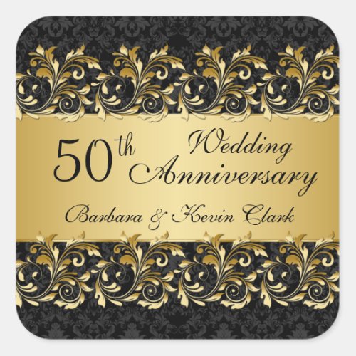 Golden swirls damask 50th Wedding Anniversary Square Sticker