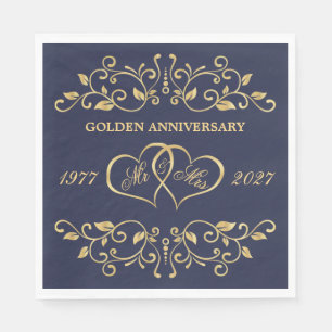 Golden swirls, hearts 50th Wedding Anniversary Napkins
