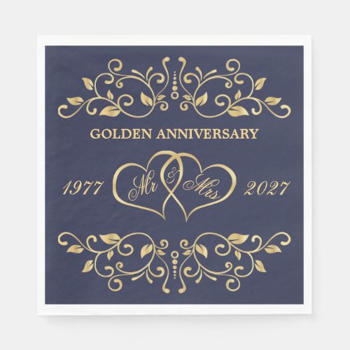 Golden swirls hearts 50th Wedding Anniversary Napkins