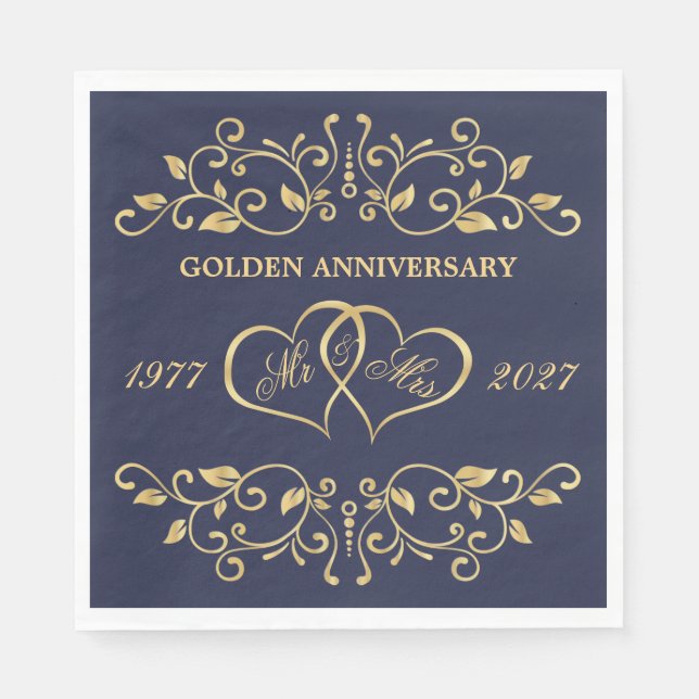 Golden swirls, hearts 50th Wedding Anniversary Napkins (Front)
