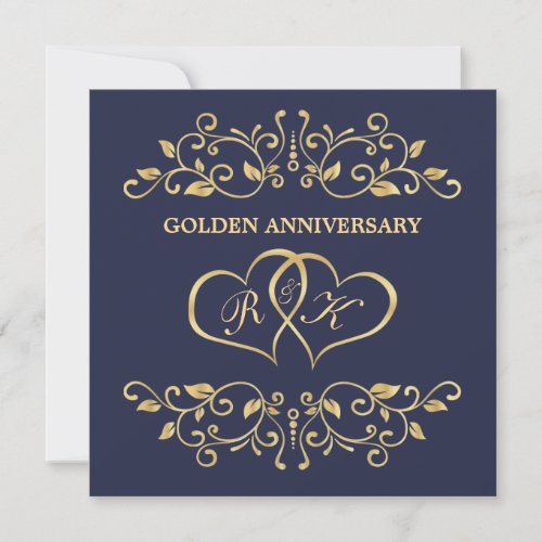 Golden swirls joined hearts 50th Anniversary Invitation