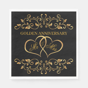 Golden swirls, joined hearts 50th Anniversary Napkins