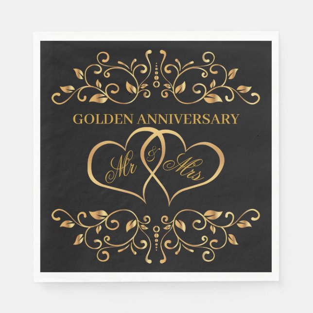 Golden swirls, joined hearts 50th Anniversary Napkins (Front)