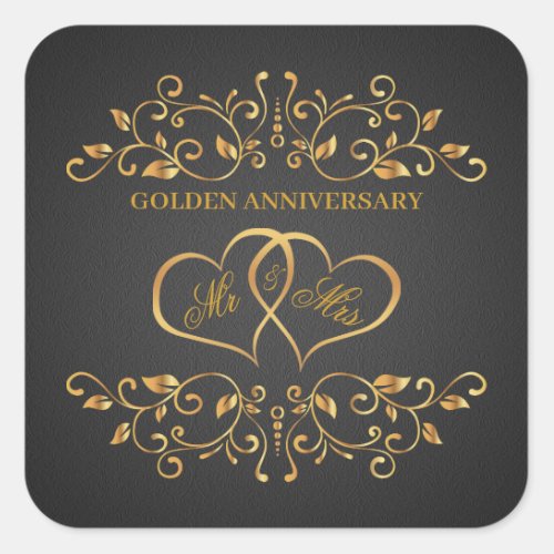 Golden swirls joined hearts 50th Anniversary Square Sticker