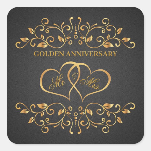 Golden swirls, joined hearts 50th Anniversary Square Sticker (Front)