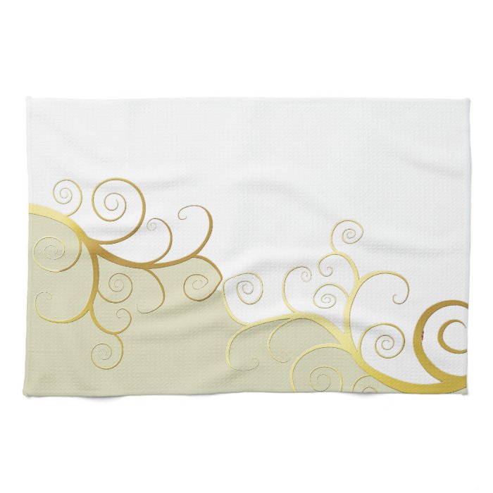 Golden swirls on beige and white hand towels