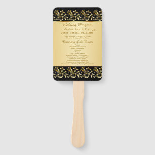 Golden swirls on black Wedding program Hand Fan