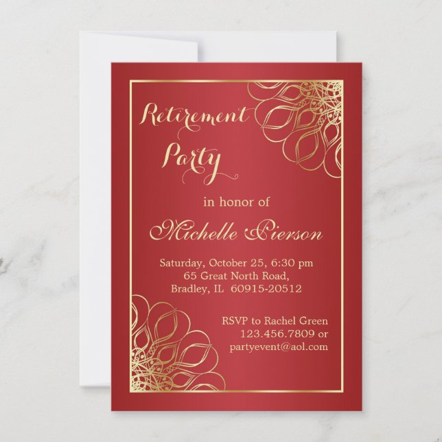 Golden swirls on dark red Retirement Party Invitation (Front)