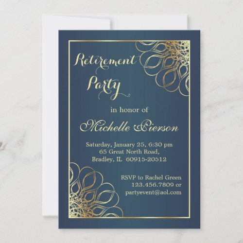 Golden swirls on midnight blue Retirement Party Invitation