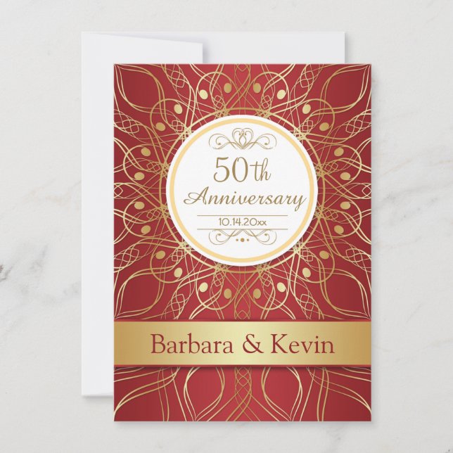 Golden swirls on red 50th Anniversary Invitation (Front)