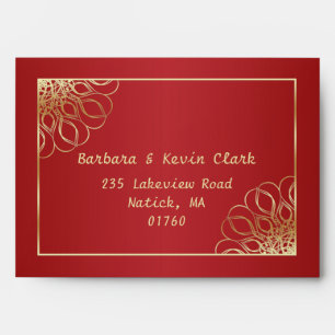 Golden swirls on red gradient envelope