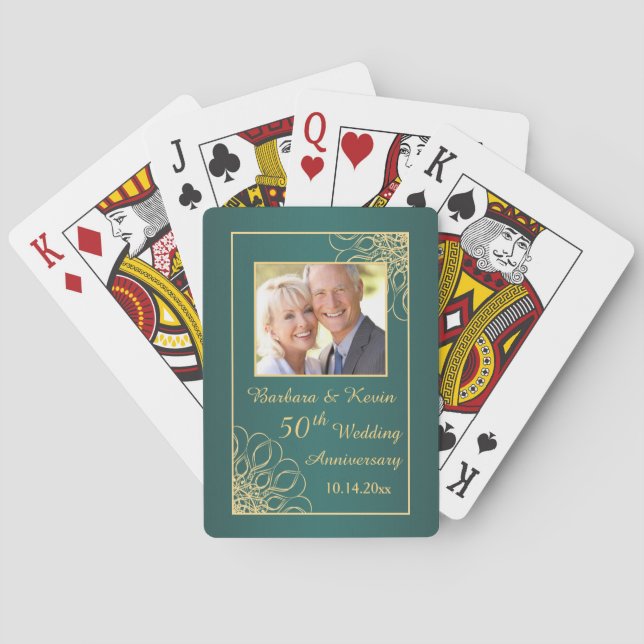Golden swirls on teal 50th Wedding Anniversary Poker Cards (Back)