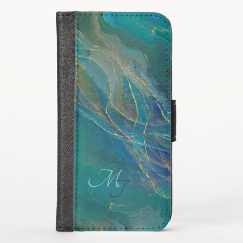 Golden swirls turquoise background iPhone x wallet case