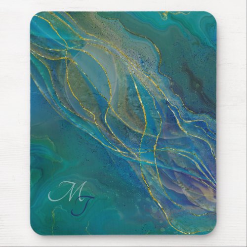 Golden swirls turquoise background mouse pad