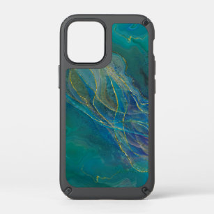 Golden swirls turquoise background speck iPhone 12 mini case