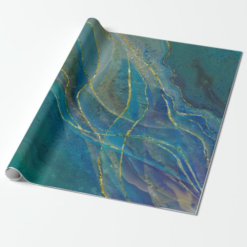 Golden swirls turquoise background wrapping paper