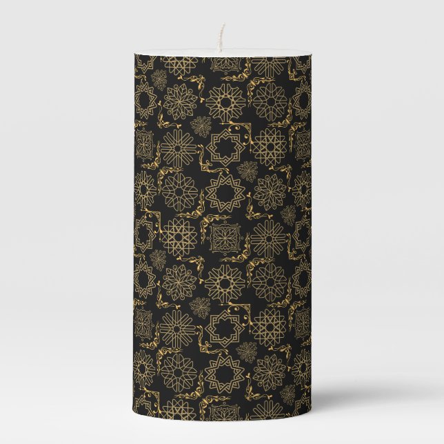 Golden Symbols Pattern 12.bw Black BG Pillar Candle (Front)