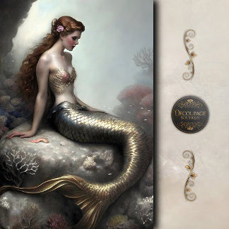 Golden Tailed Mermaid Fantasy Decoupage Tissue Paper