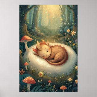 Golden Tan Sleeping Baby Dragon Woodland Nursery Poster