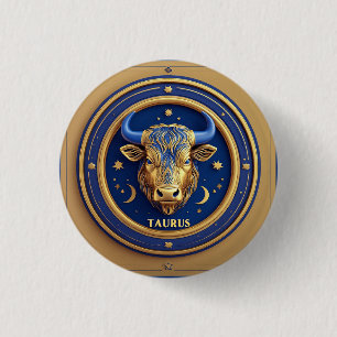 Golden Taurus Bull In Cosmic Zodiac Circle Button