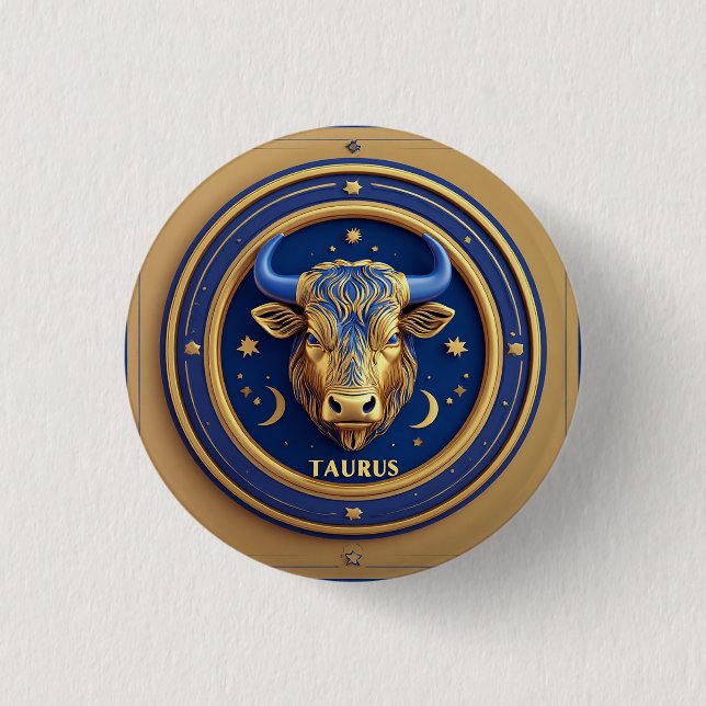Golden Taurus Bull In Cosmic Zodiac Circle Button (Front)