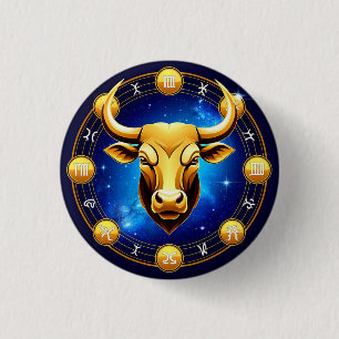 Golden Taurus Bull In Cosmic Zodiac Circle Button