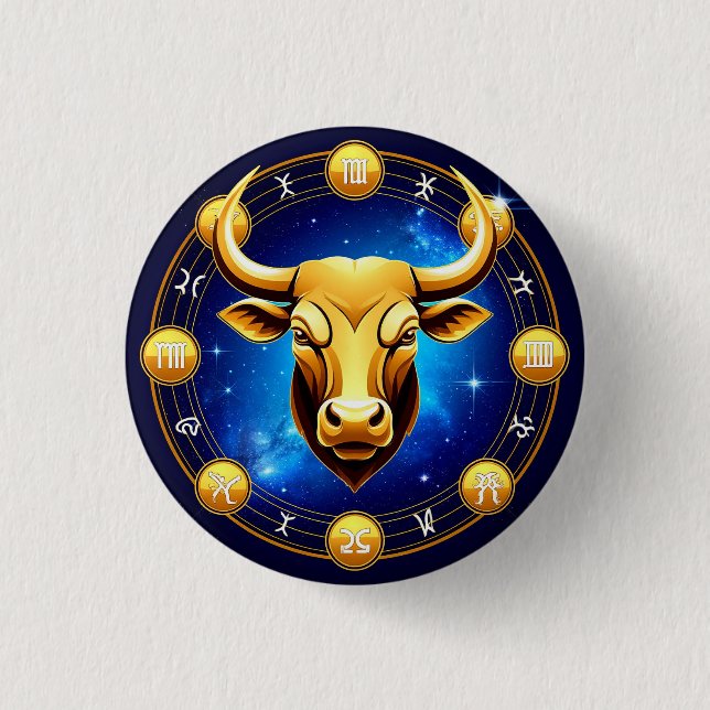 Golden Taurus Bull In Cosmic Zodiac Circle Button (Front)