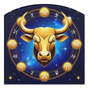 Golden Taurus Bull In Cosmic Zodiac Circle Door Sign