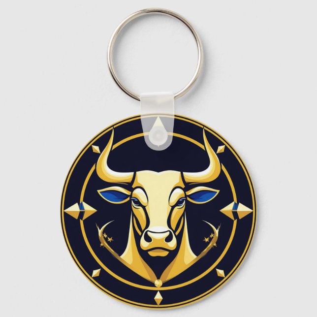 Golden Taurus Bull In Cosmic Zodiac Circle Keychain (Front)