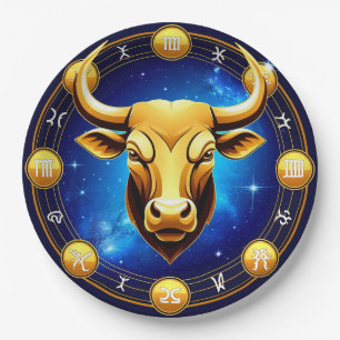 Golden Taurus Bull In Cosmic Zodiac Circle Paper Plates
