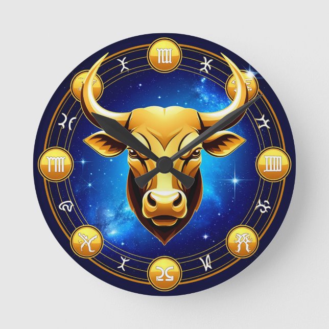 Golden Taurus Bull In Cosmic Zodiac Circle Round Clock (Front)