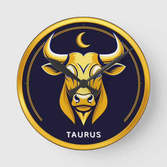 Golden Taurus Bull In Cosmic Zodiac Circle Round Clock (Front)
