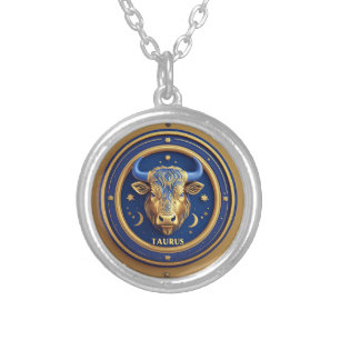 Golden Taurus Bull In Cosmic Zodiac Circle Silver Plated Necklace