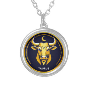Golden Taurus Bull In Cosmic Zodiac Circle Silver Plated Necklace