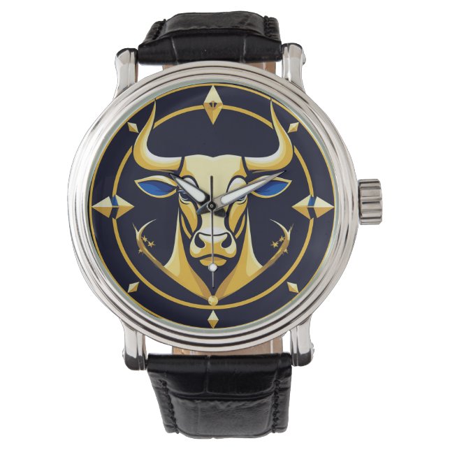 Golden Taurus Bull In Cosmic Zodiac Circle Watch (Front)